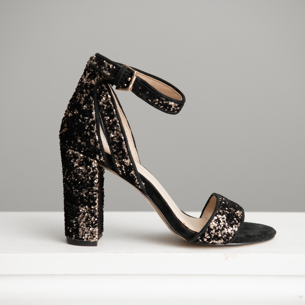 Botkier Designer Heels Sz 6 Gold Glitter and Black Suede Block Heel Glam Sparkly